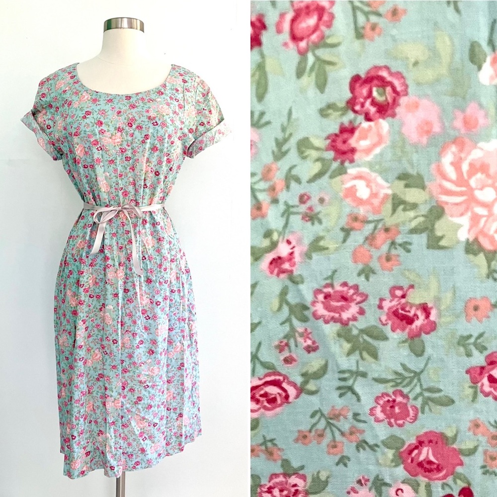 Vintage 80’s mint green blue pink floral roses cotton dress